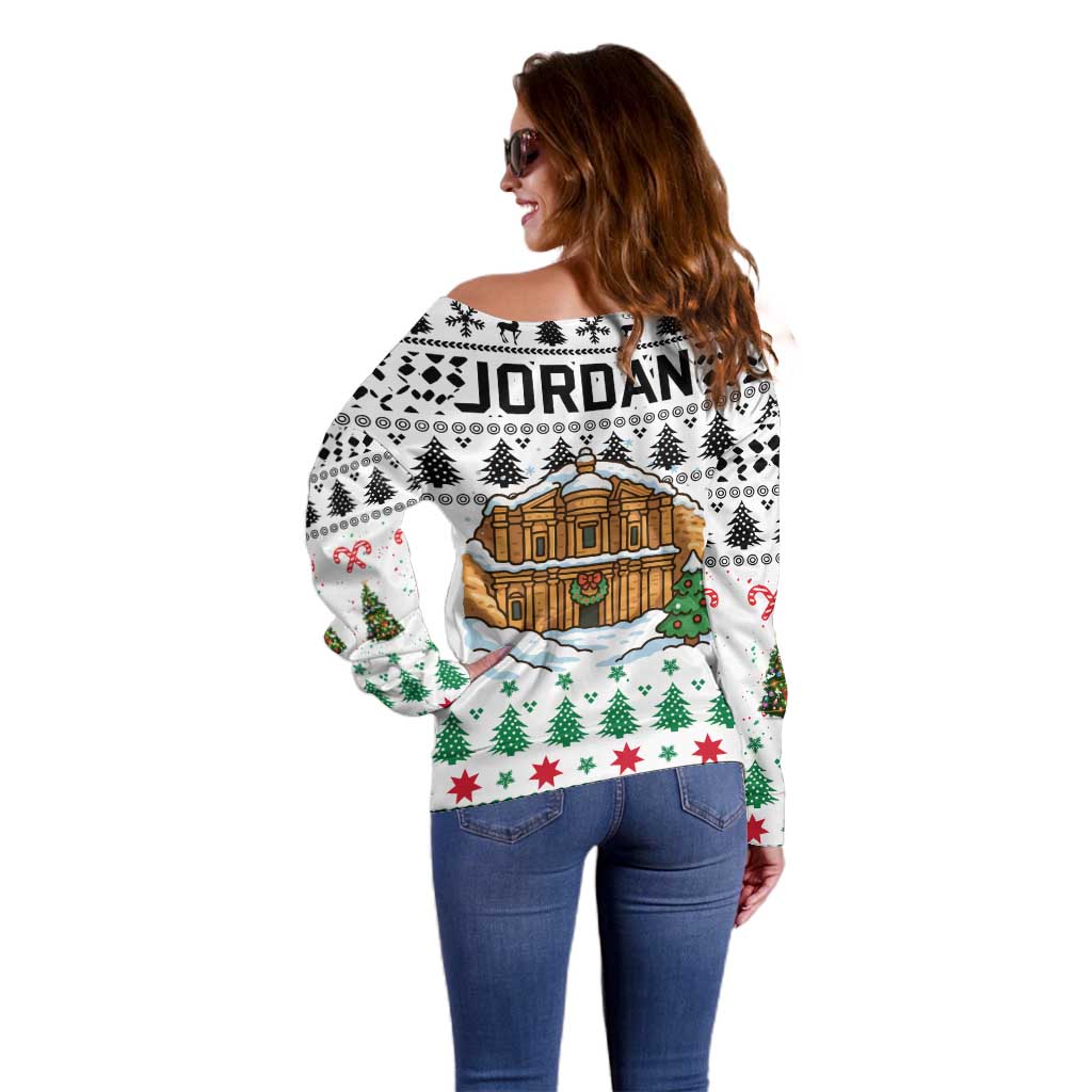 Jordan Christmas Off Shoulder Sweater with Petra Monastery Snow Christmas Trees and Candy Cane Pattern - Wonder Print Shop