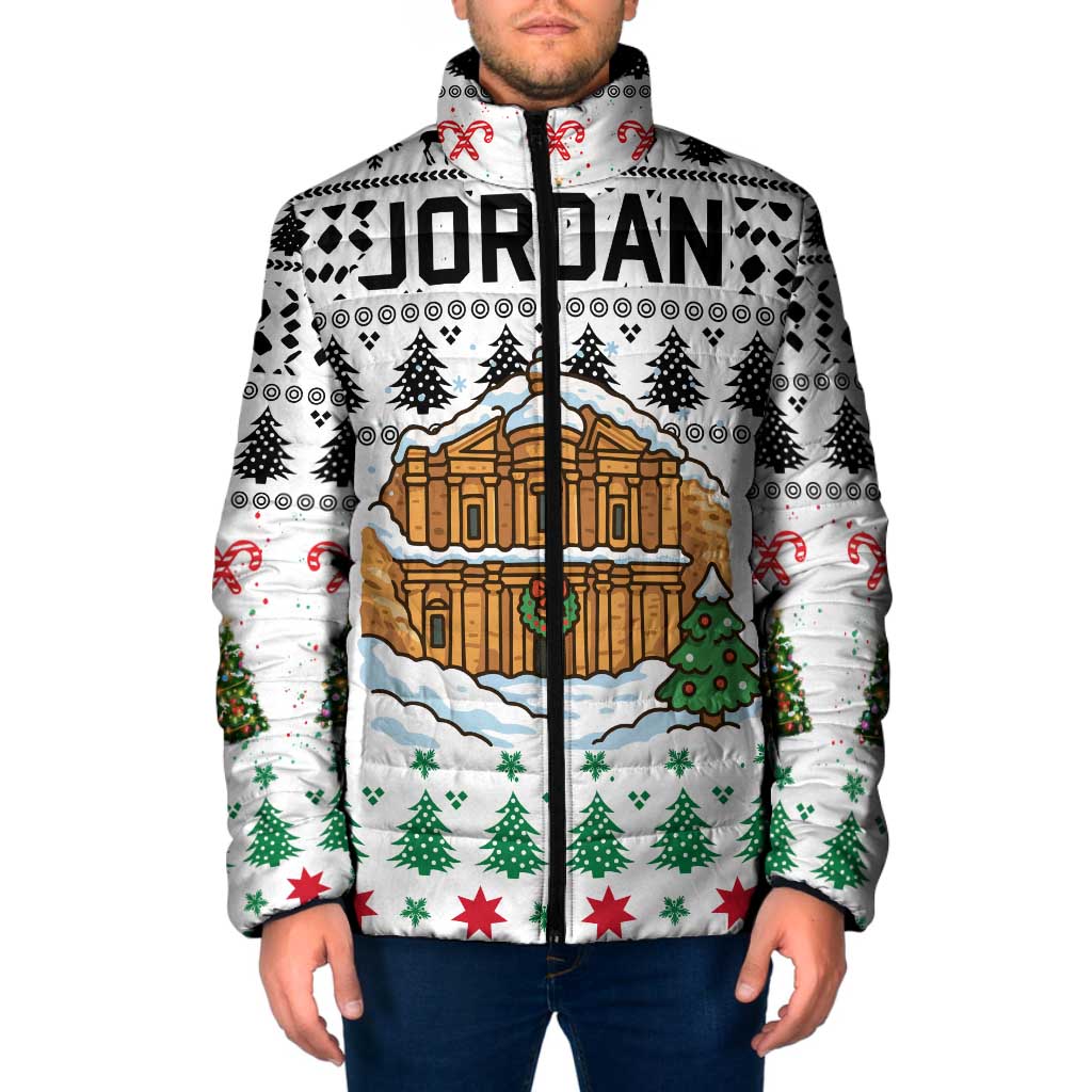 Jordan Christmas Padded Jacket with Petra Monastery Snow Christmas Trees and Candy Cane Pattern - Wonder Print Shop