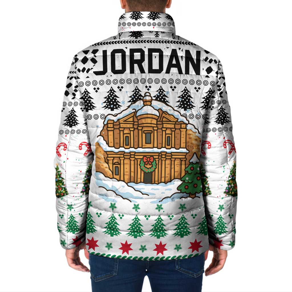 Jordan Christmas Padded Jacket with Petra Monastery Snow Christmas Trees and Candy Cane Pattern - Wonder Print Shop
