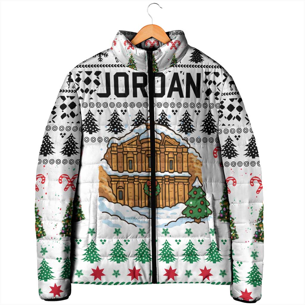 Jordan Christmas Padded Jacket with Petra Monastery Snow Christmas Trees and Candy Cane Pattern - Wonder Print Shop
