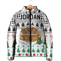 Jordan Christmas Padded Jacket with Petra Monastery Snow Christmas Trees and Candy Cane Pattern - Wonder Print Shop