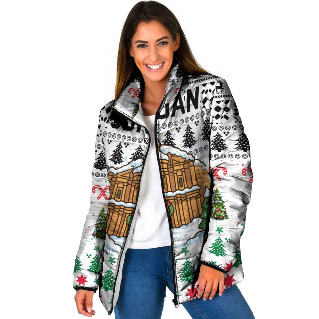 Jordan Christmas Padded Jacket with Petra Monastery Snow Christmas Trees and Candy Cane Pattern - Wonder Print Shop