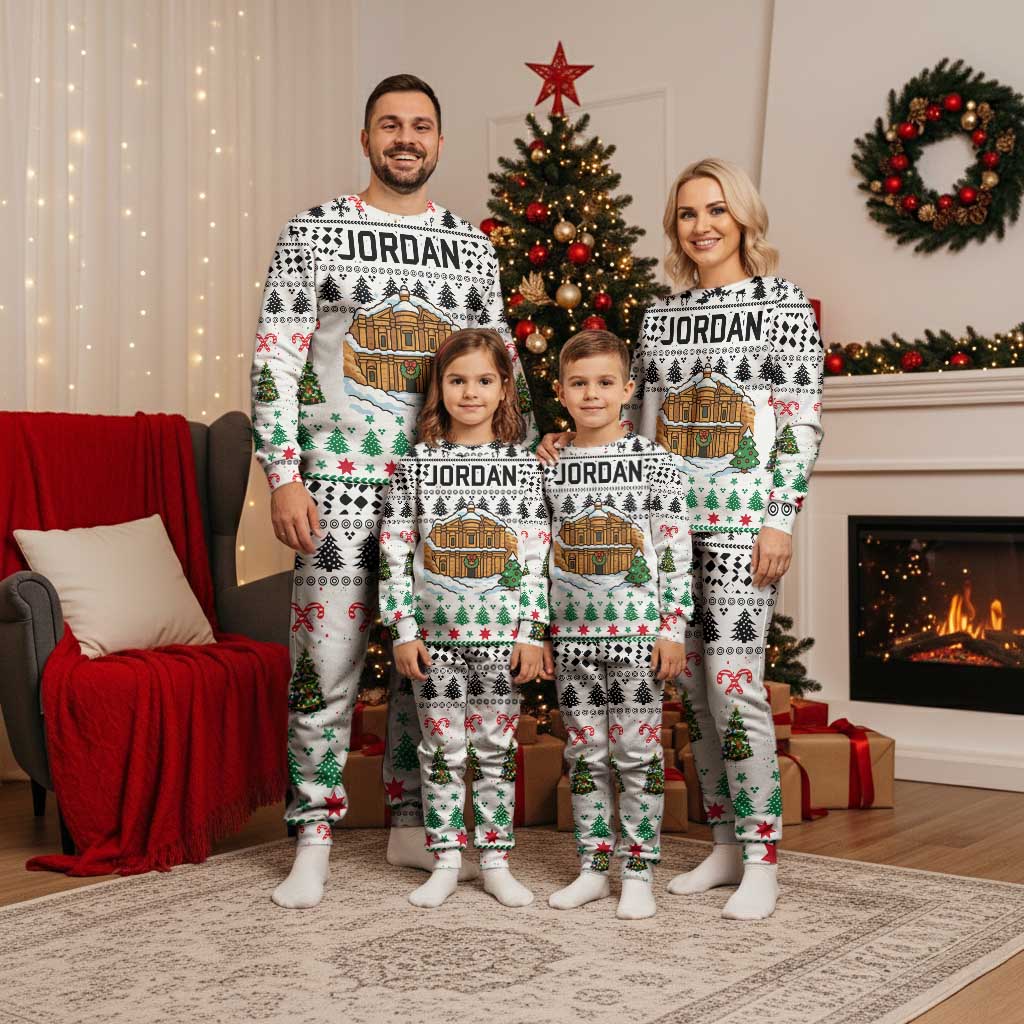 Jordan Christmas Pajama Set with Petra Monastery Snow Christmas Trees and Candy Cane Pattern - Wonder Print Shop