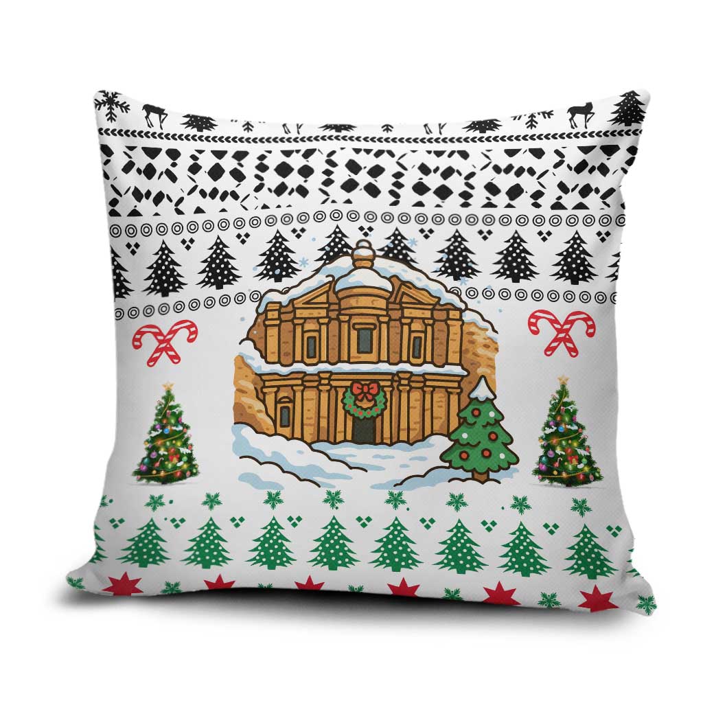 Jordan Christmas Pillow Cover with Petra Monastery Snow Christmas Trees and Candy Cane Pattern - Wonder Print Shop
