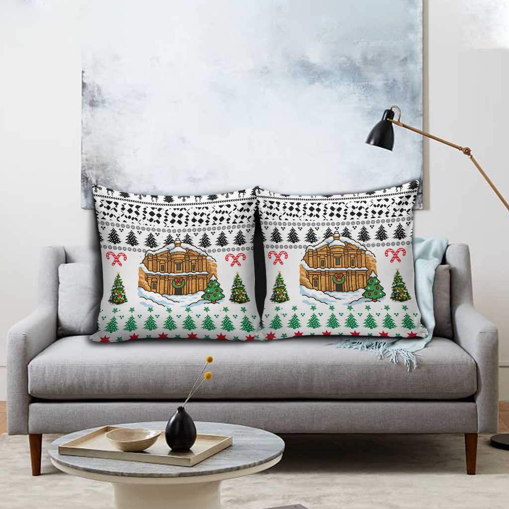 Jordan Christmas Pillow Cover with Petra Monastery Snow Christmas Trees and Candy Cane Pattern - Wonder Print Shop