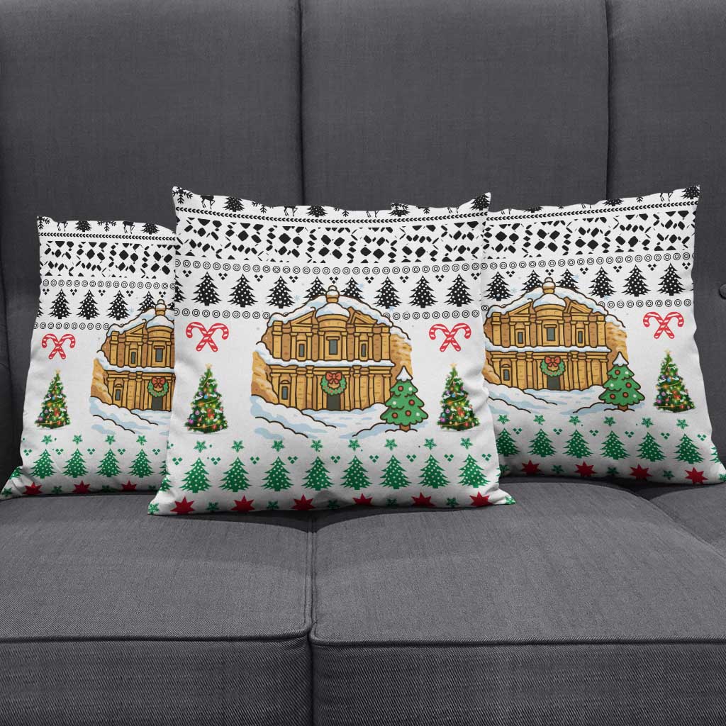 Jordan Christmas Pillow Cover with Petra Monastery Snow Christmas Trees and Candy Cane Pattern - Wonder Print Shop