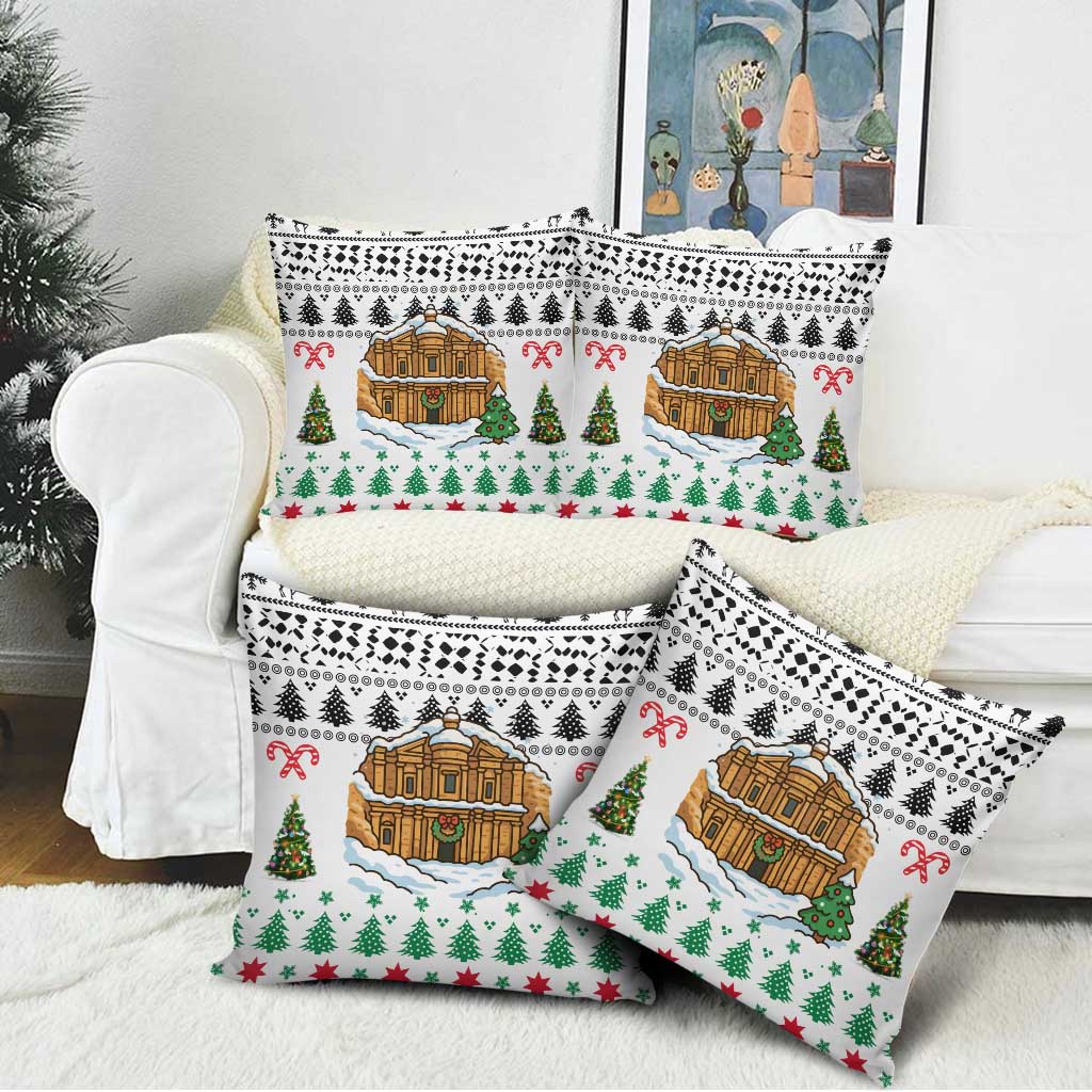 Jordan Christmas Pillow Cover with Petra Monastery Snow Christmas Trees and Candy Cane Pattern - Wonder Print Shop