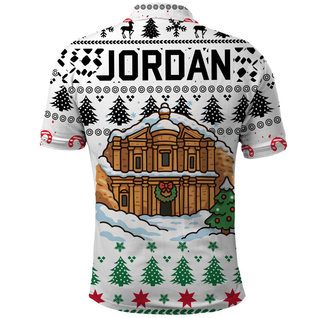Jordan Christmas Polo Shirt with Petra Monastery Snow Christmas Trees and Candy Cane Pattern - Wonder Print Shop
