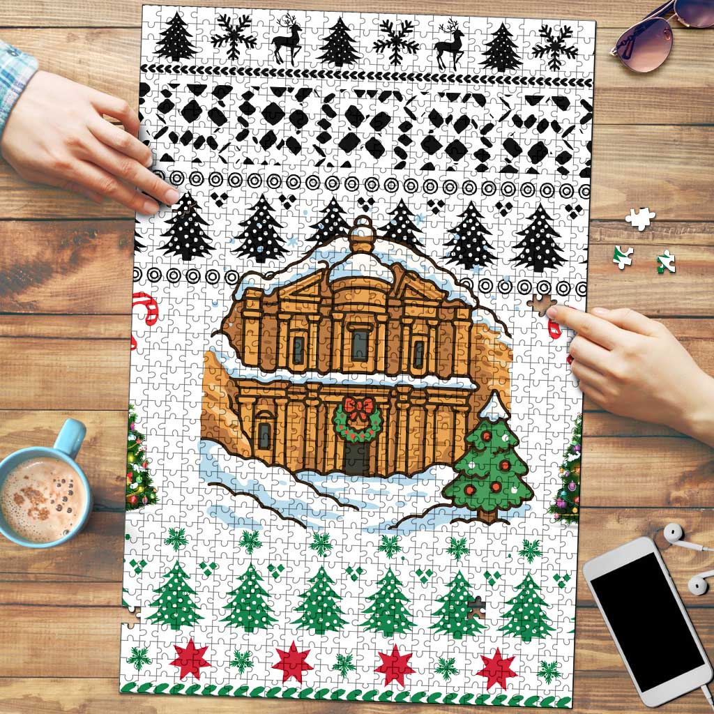 Jordan Christmas Puzzle with Petra Monastery Snow Christmas Trees and Candy Cane Pattern - Wonder Print Shop