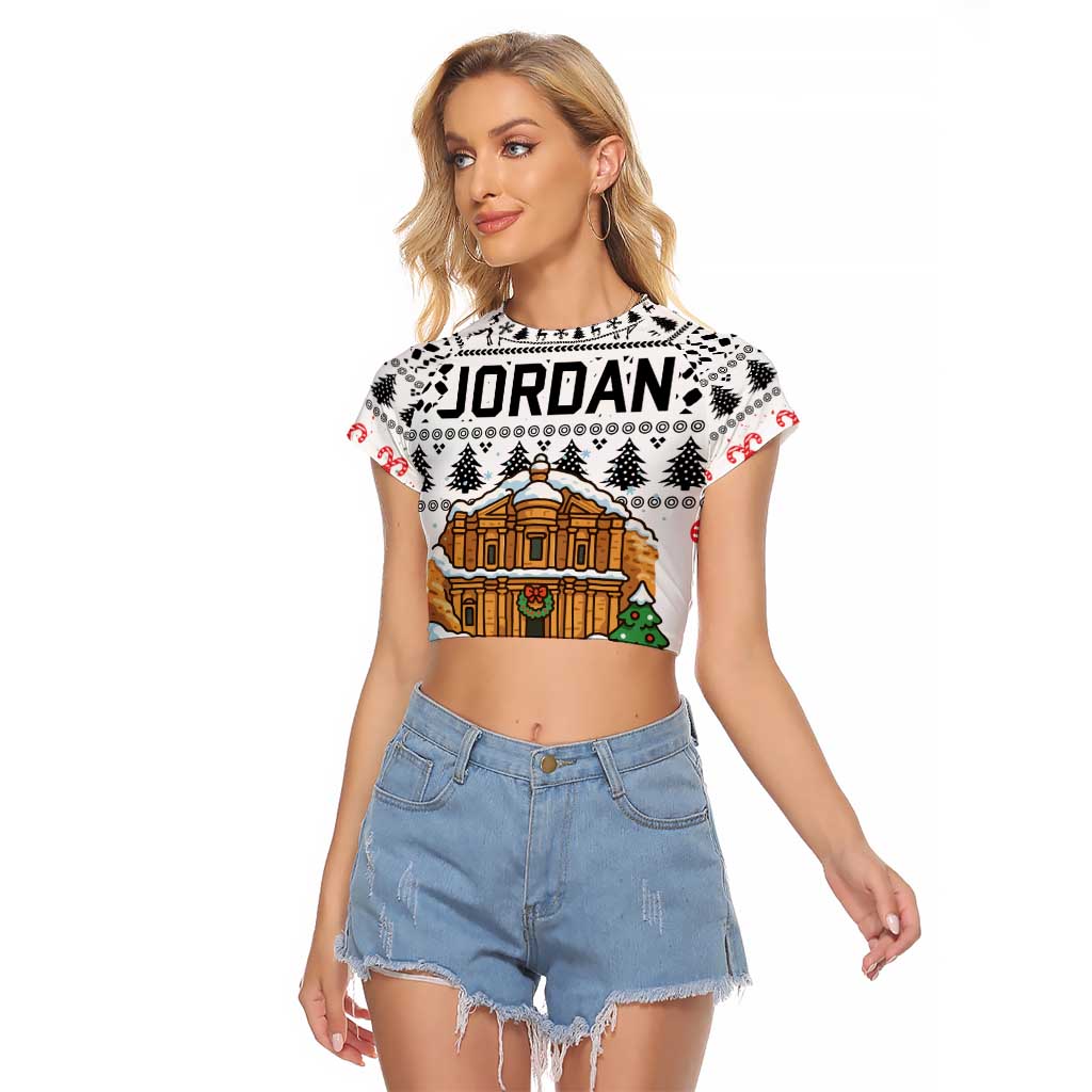 Jordan Christmas Raglan Cropped T Shirt with Petra Monastery Snow Christmas Trees and Candy Cane Pattern - Wonder Print Shop