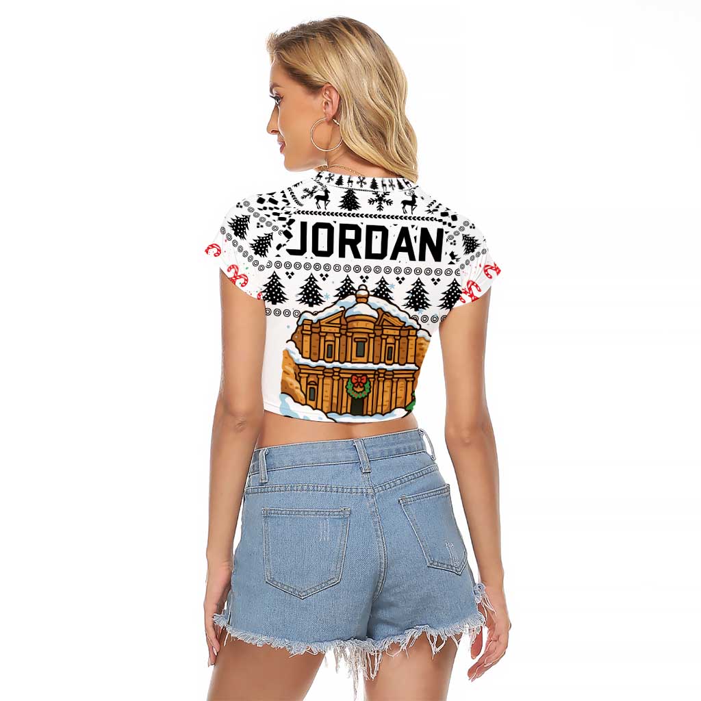 Jordan Christmas Raglan Cropped T Shirt with Petra Monastery Snow Christmas Trees and Candy Cane Pattern - Wonder Print Shop