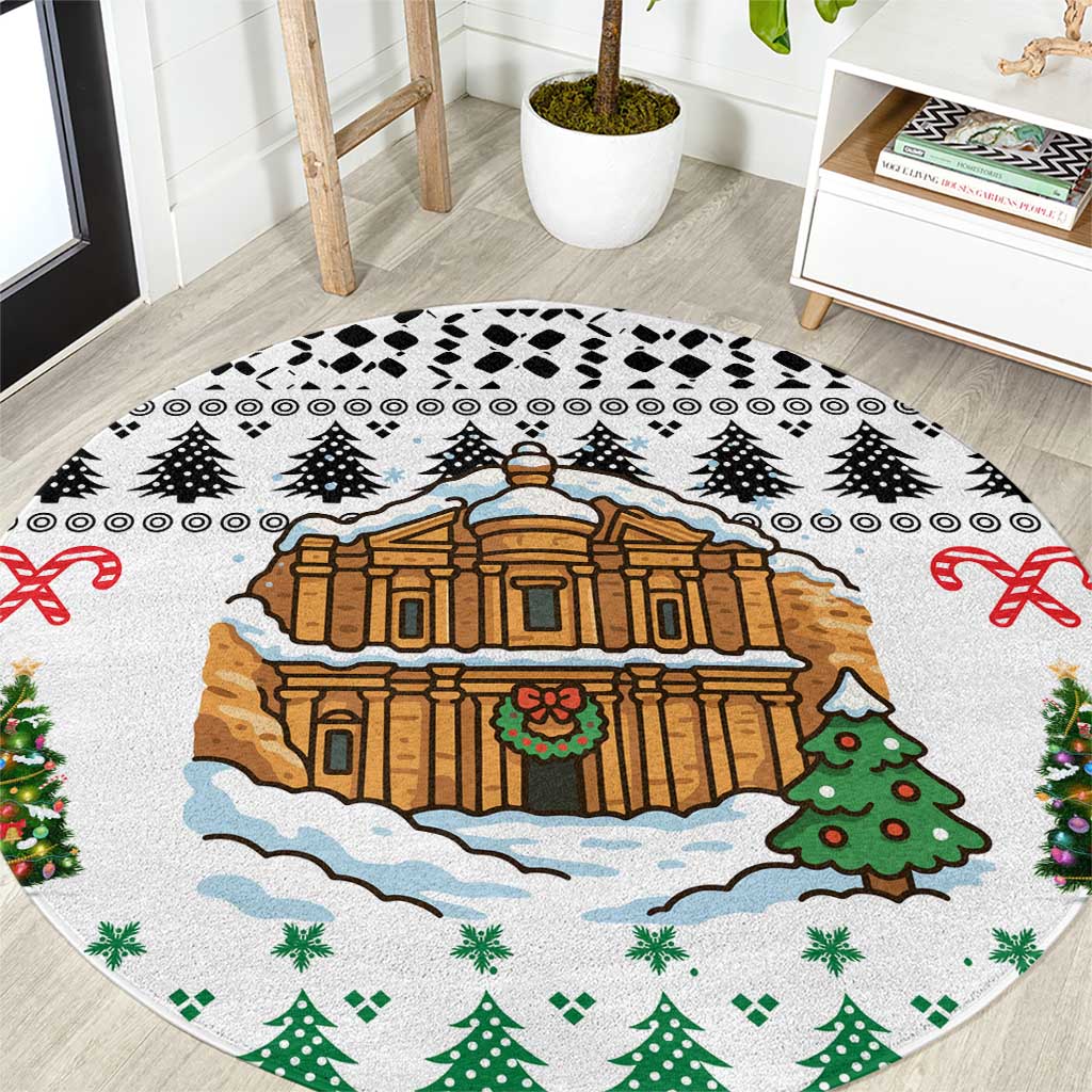 Jordan Christmas Round Carpet with Petra Monastery Snow Christmas Trees and Candy Cane Pattern - Wonder Print Shop