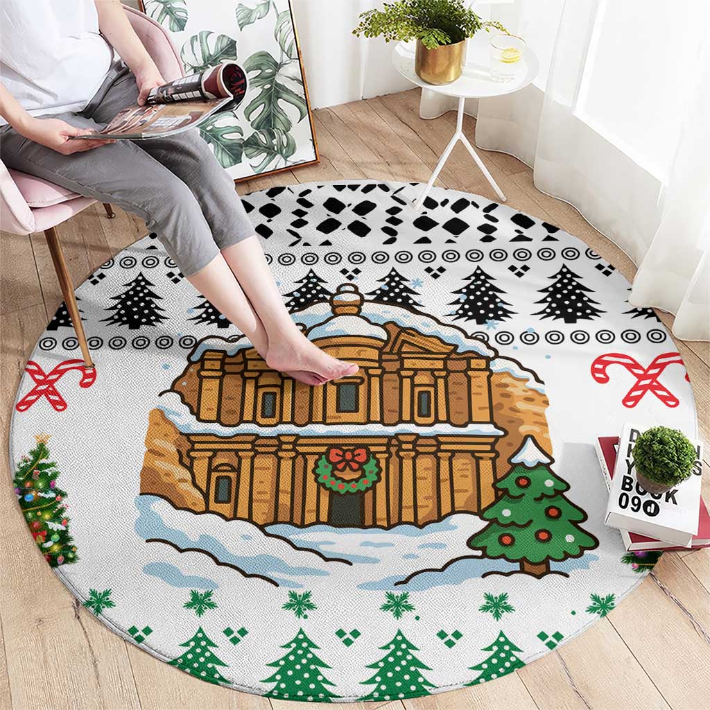 Jordan Christmas Round Carpet with Petra Monastery Snow Christmas Trees and Candy Cane Pattern - Wonder Print Shop