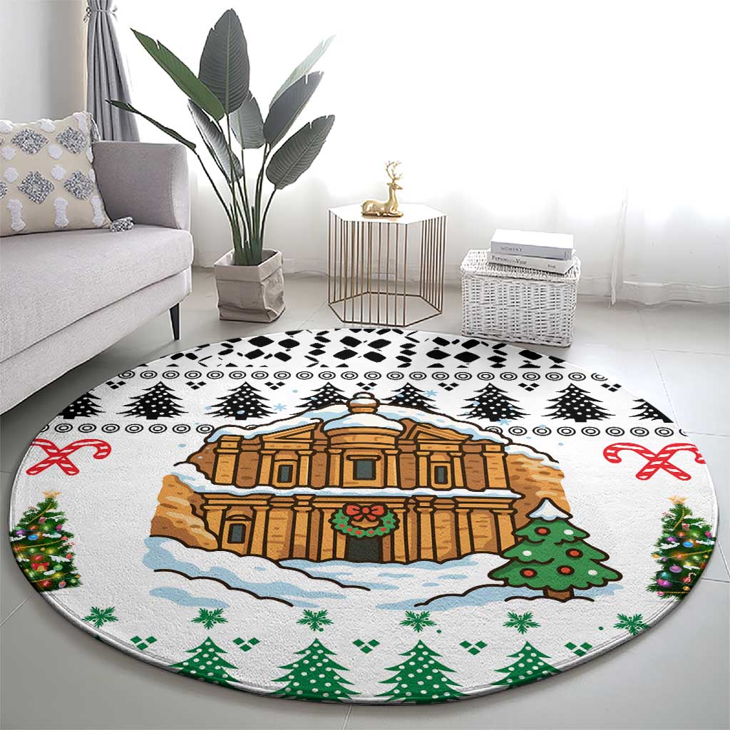 Jordan Christmas Round Carpet with Petra Monastery Snow Christmas Trees and Candy Cane Pattern - Wonder Print Shop