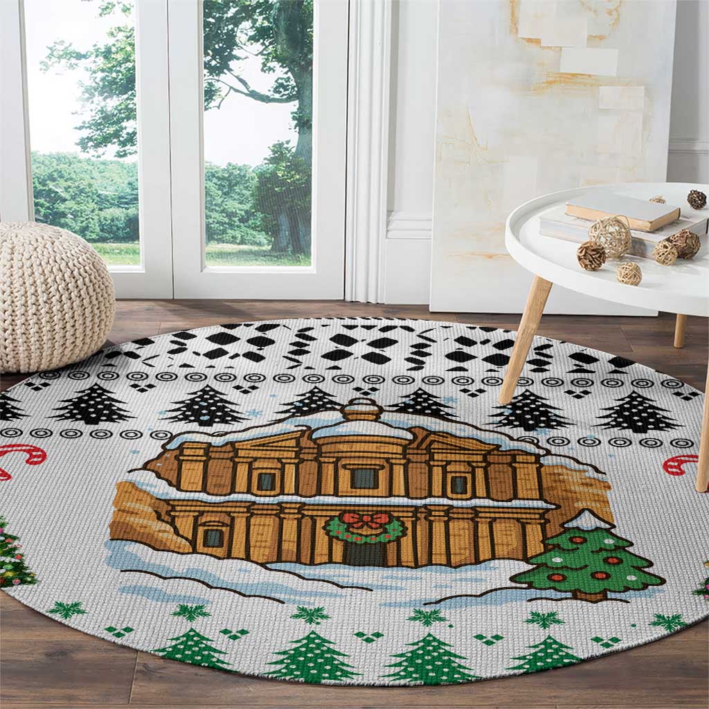 Jordan Christmas Round Carpet with Petra Monastery Snow Christmas Trees and Candy Cane Pattern - Wonder Print Shop