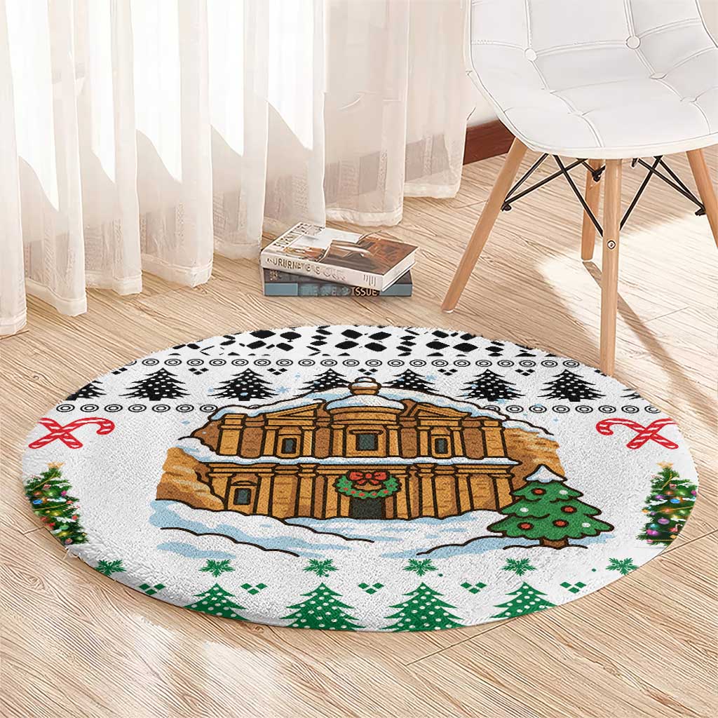 Jordan Christmas Round Carpet with Petra Monastery Snow Christmas Trees and Candy Cane Pattern - Wonder Print Shop