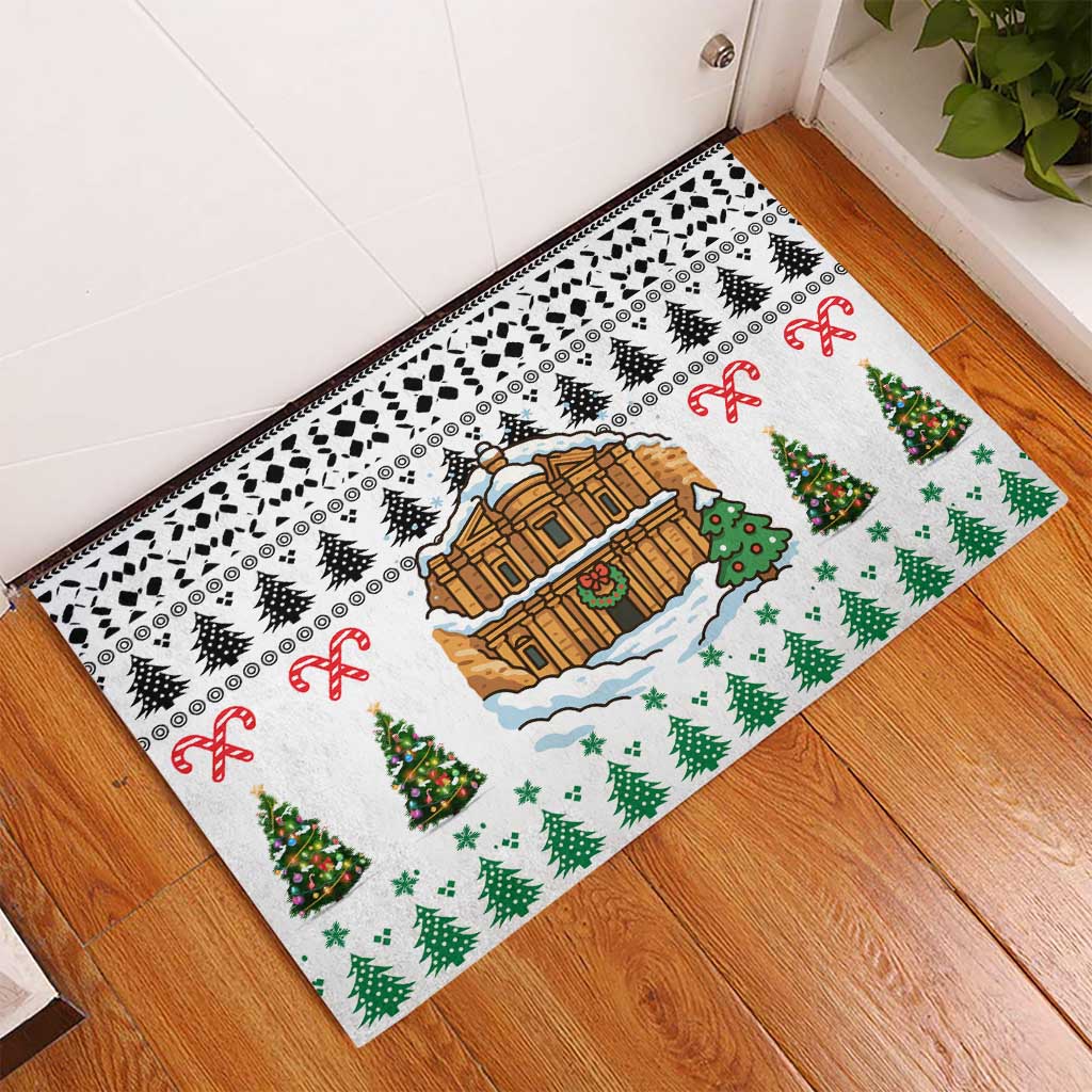 Jordan Christmas Rubber Doormat with Petra Monastery Snow Christmas Trees and Candy Cane Pattern - Wonder Print Shop
