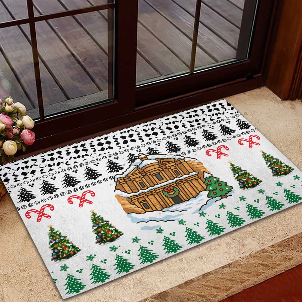 Jordan Christmas Rubber Doormat with Petra Monastery Snow Christmas Trees and Candy Cane Pattern - Wonder Print Shop