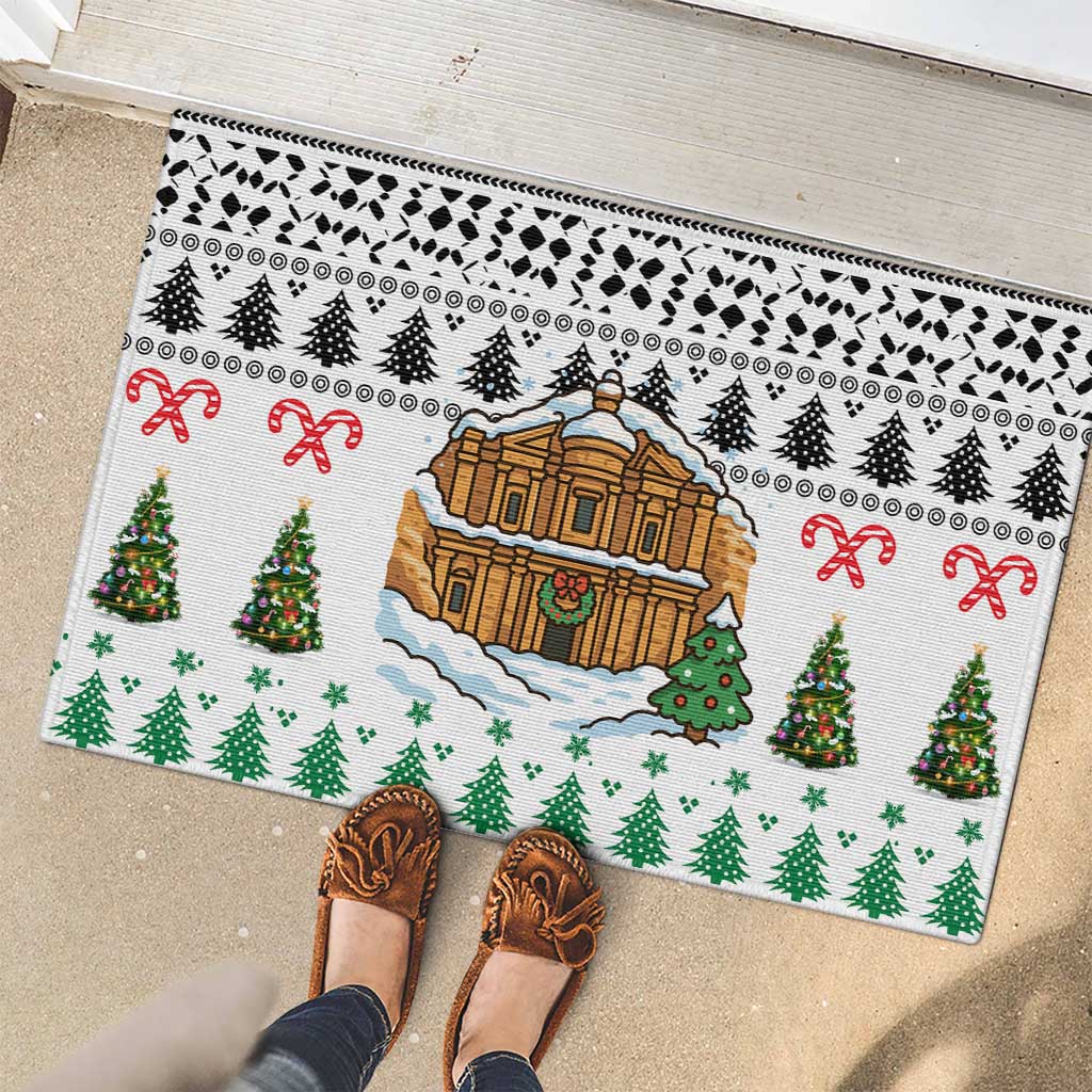 Jordan Christmas Rubber Doormat with Petra Monastery Snow Christmas Trees and Candy Cane Pattern - Wonder Print Shop