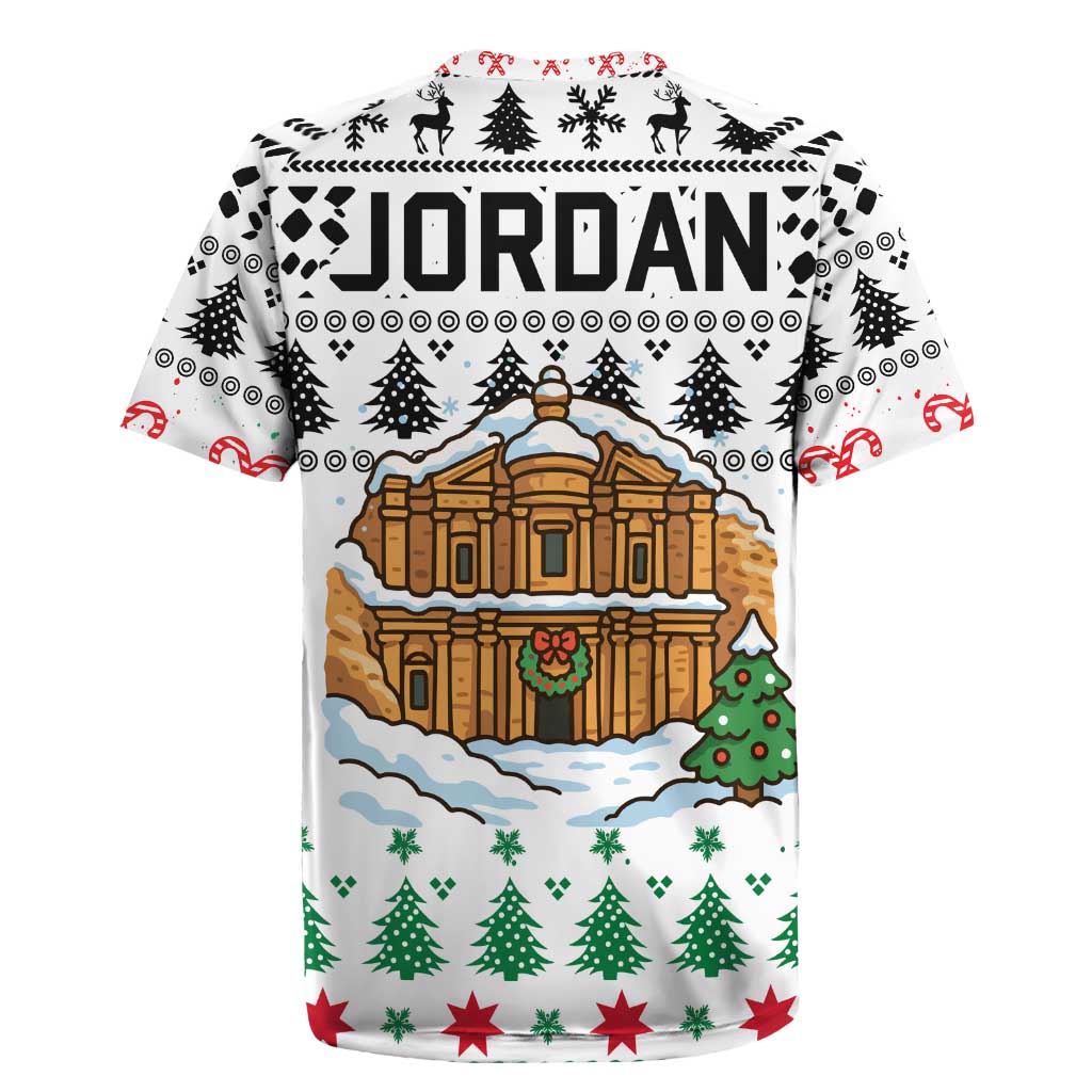 Jordan Christmas Rugby Jersey with Petra Monastery Snow Christmas Trees and Candy Cane Pattern - Wonder Print Shop