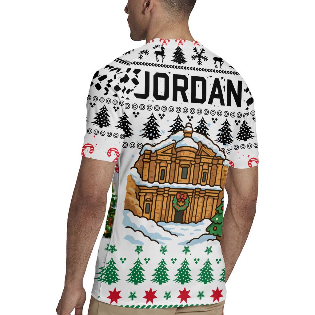 Jordan Christmas Rugby Jersey with Petra Monastery Snow Christmas Trees and Candy Cane Pattern - Wonder Print Shop