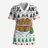 Jordan Christmas Scrub Top with Petra Monastery Snow Christmas Trees and Candy Cane Pattern - Wonder Print Shop