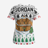 Jordan Christmas Scrub Top with Petra Monastery Snow Christmas Trees and Candy Cane Pattern - Wonder Print Shop