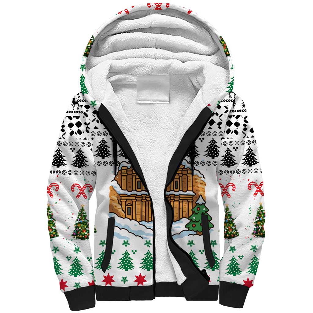 Jordan Christmas Sherpa Hoodie with Petra Monastery Snow Christmas Trees and Candy Cane Pattern - Wonder Print Shop