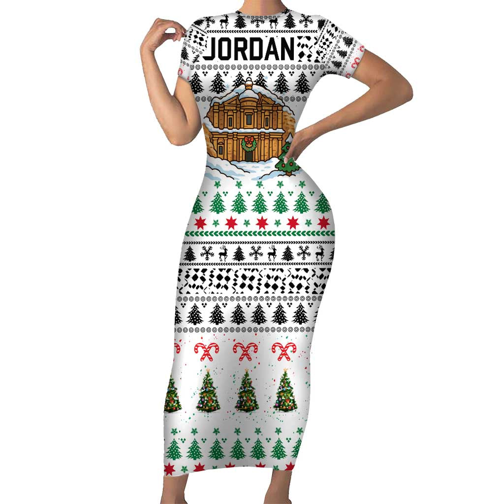 Jordan Christmas Short Sleeve Bodycon Dress with Petra Monastery Snow Christmas Trees and Candy Cane Pattern - Wonder Print Shop