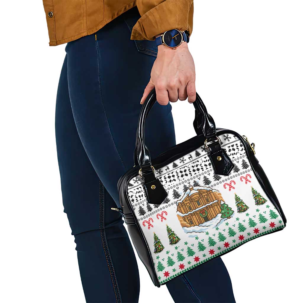 Jordan Christmas Shoulder Handbag with Petra Monastery Snow Christmas Trees and Candy Cane Pattern - Wonder Print Shop