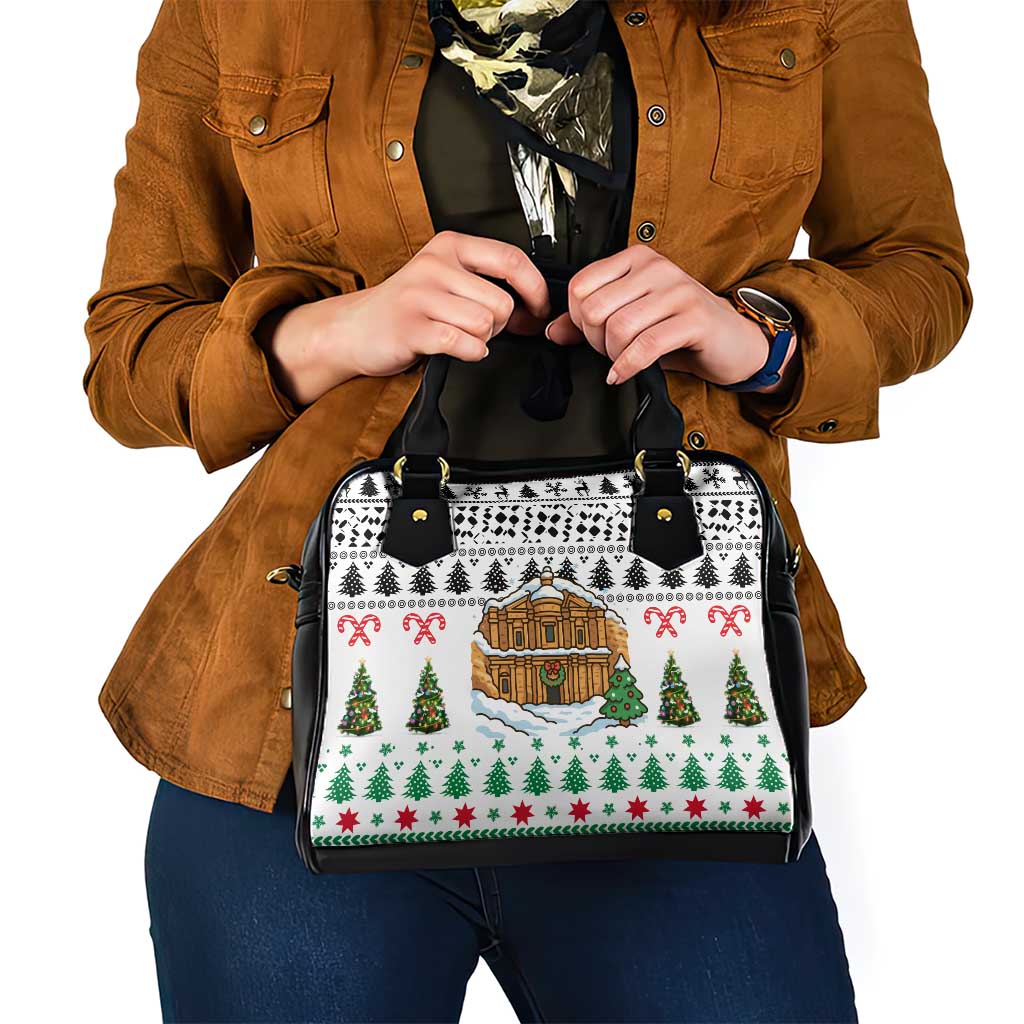 Jordan Christmas Shoulder Handbag with Petra Monastery Snow Christmas Trees and Candy Cane Pattern - Wonder Print Shop