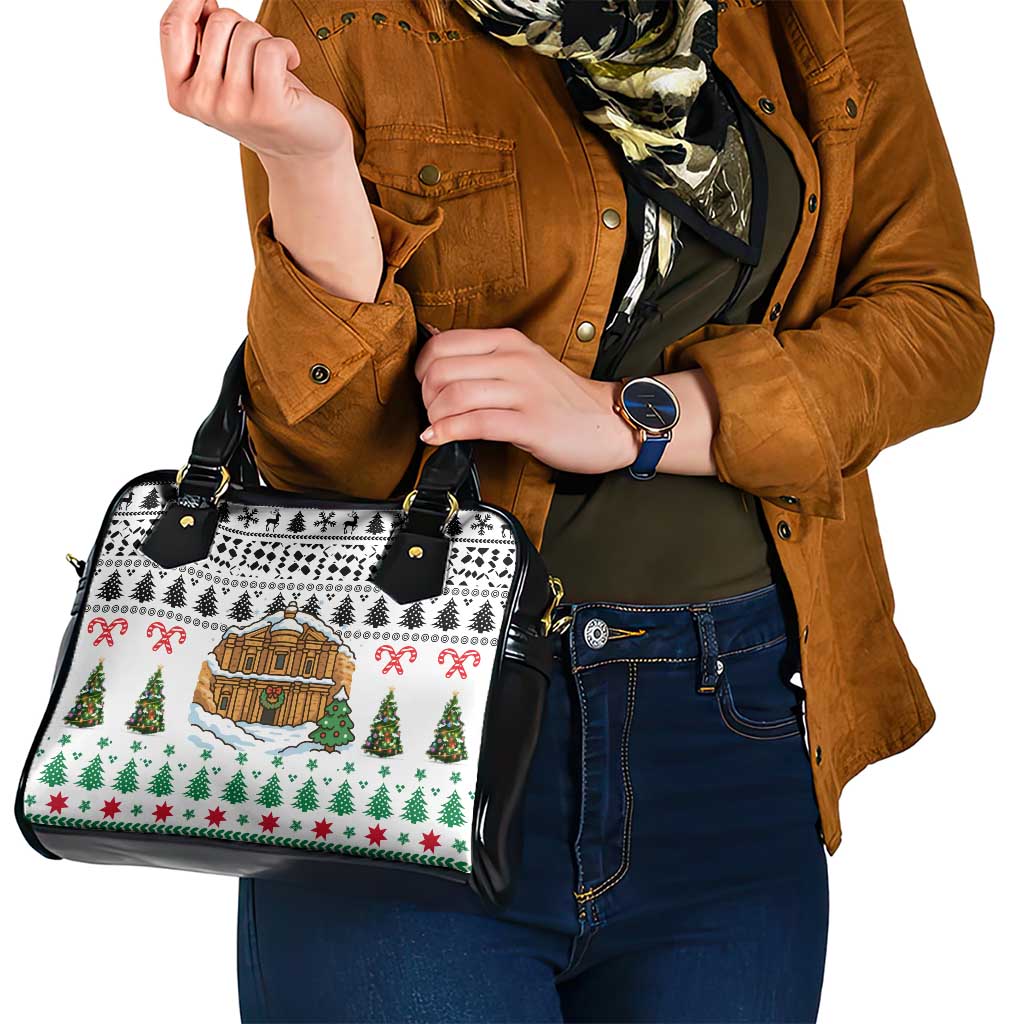 Jordan Christmas Shoulder Handbag with Petra Monastery Snow Christmas Trees and Candy Cane Pattern - Wonder Print Shop