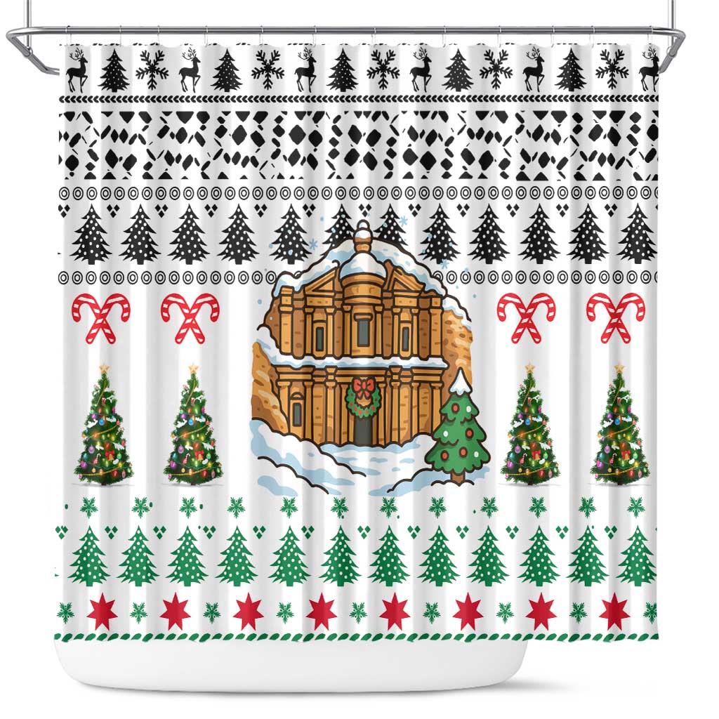 Jordan Christmas Shower Curtain with Petra Monastery Snow Christmas Trees and Candy Cane Pattern - Wonder Print Shop