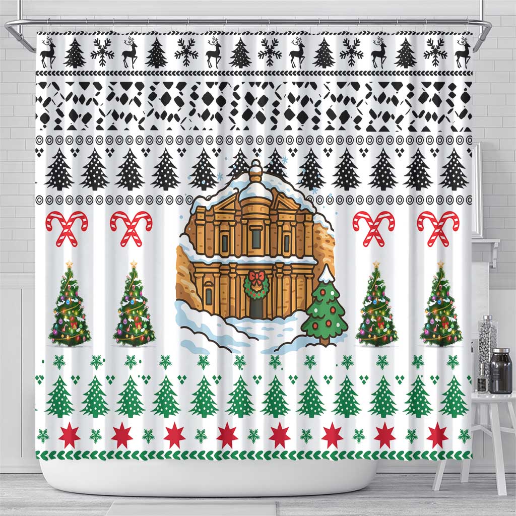 Jordan Christmas Shower Curtain with Petra Monastery Snow Christmas Trees and Candy Cane Pattern - Wonder Print Shop