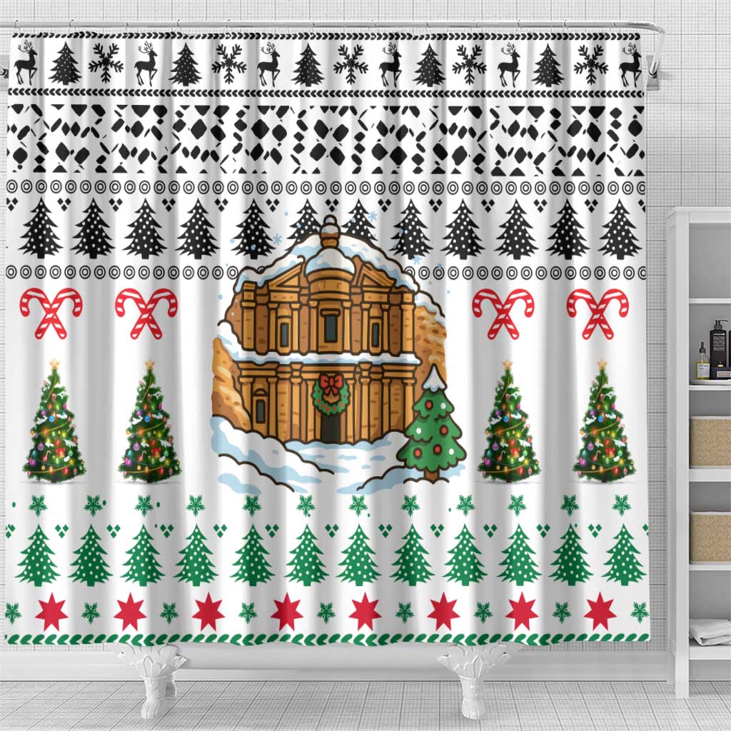 Jordan Christmas Shower Curtain with Petra Monastery Snow Christmas Trees and Candy Cane Pattern - Wonder Print Shop