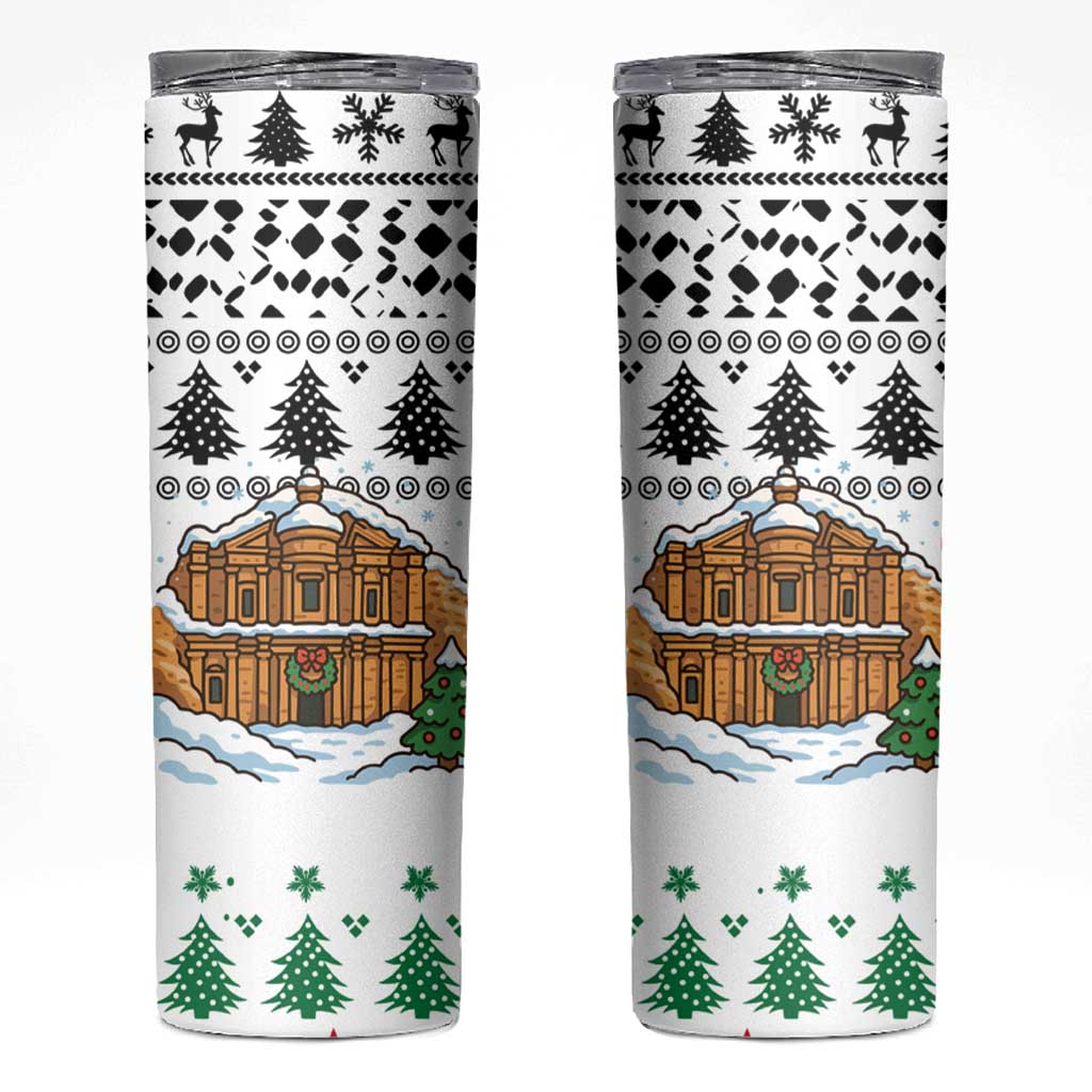 Jordan Christmas Skinny Tumbler with Petra Monastery Snow Christmas Trees and Candy Cane Pattern - Wonder Print Shop