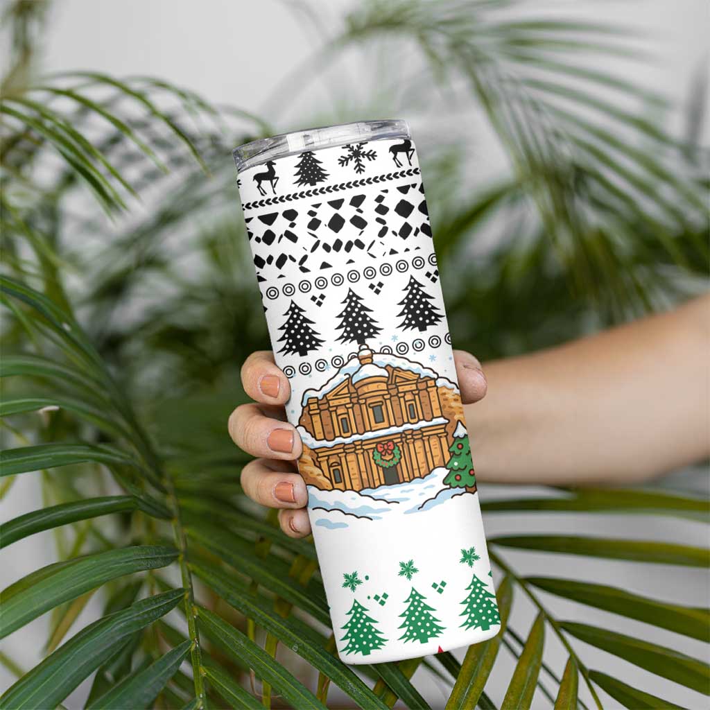 Jordan Christmas Skinny Tumbler with Petra Monastery Snow Christmas Trees and Candy Cane Pattern - Wonder Print Shop