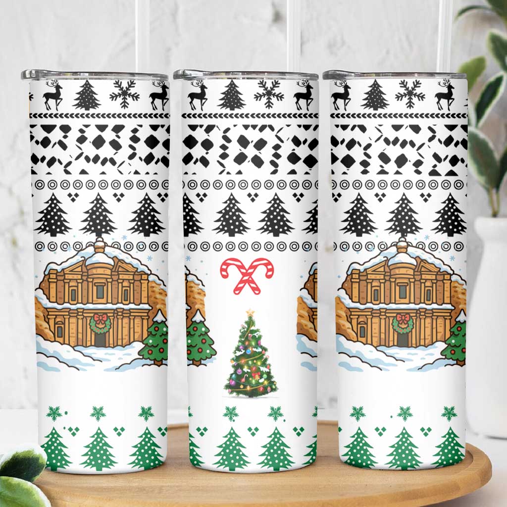 Jordan Christmas Skinny Tumbler with Petra Monastery Snow Christmas Trees and Candy Cane Pattern - Wonder Print Shop