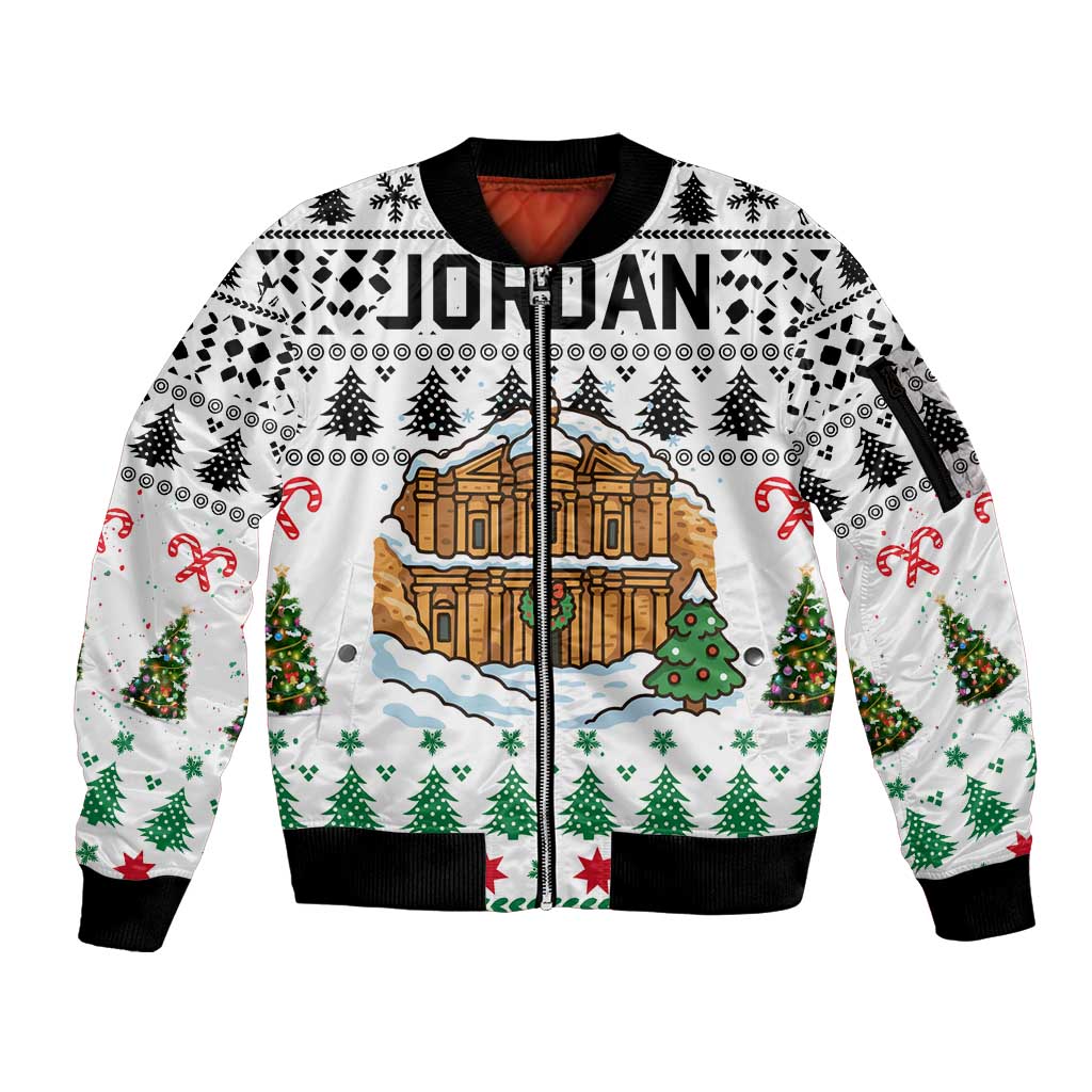 Jordan Christmas Sleeve Zip Bomber Jacket with Petra Monastery Snow Christmas Trees and Candy Cane Pattern - Wonder Print Shop