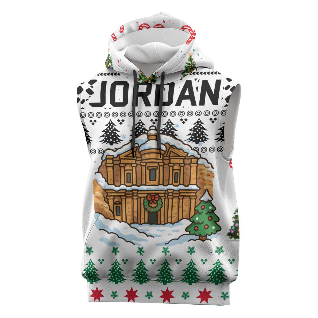Jordan Christmas Sleeveless Hoodie with Petra Monastery Snow Christmas Trees and Candy Cane Pattern - Wonder Print Shop