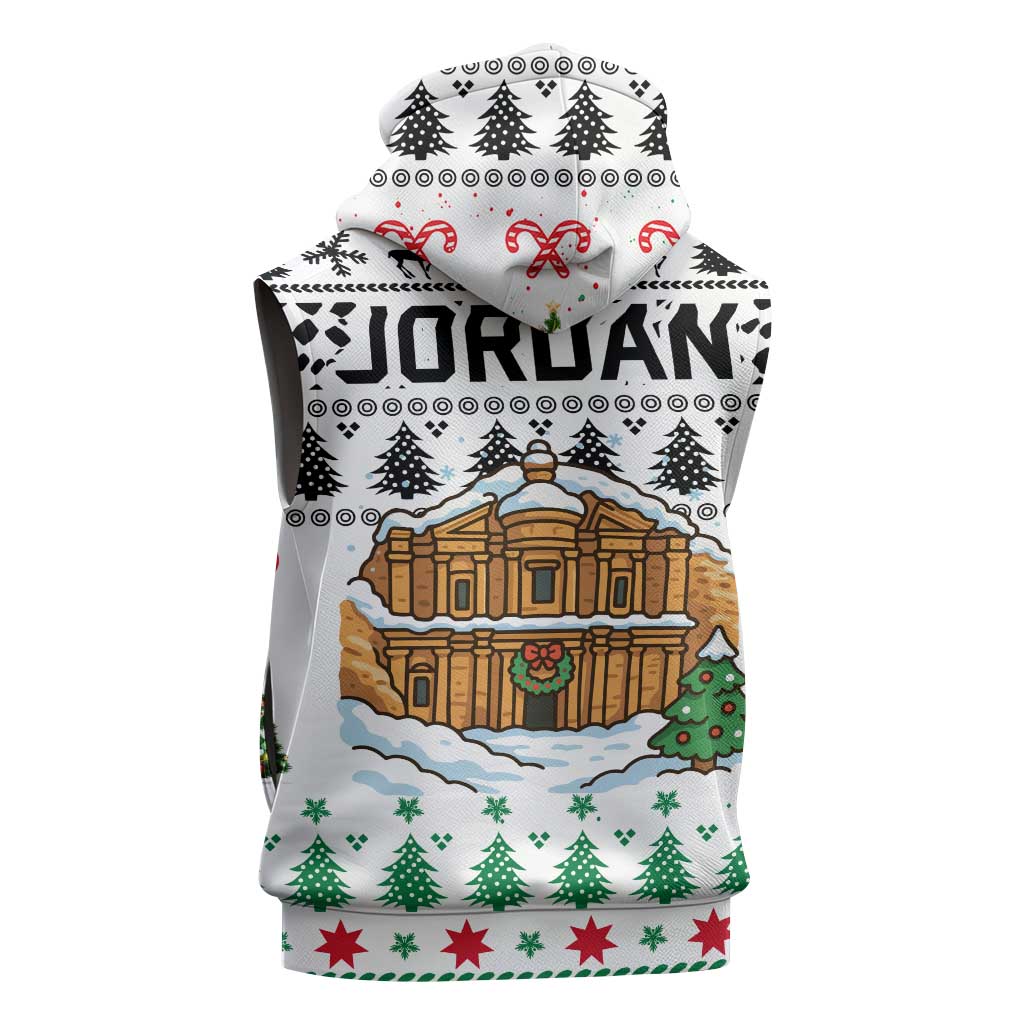 Jordan Christmas Sleeveless Hoodie with Petra Monastery Snow Christmas Trees and Candy Cane Pattern - Wonder Print Shop