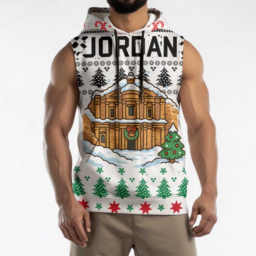Jordan Christmas Sleeveless Hoodie with Petra Monastery Snow Christmas Trees and Candy Cane Pattern - Wonder Print Shop