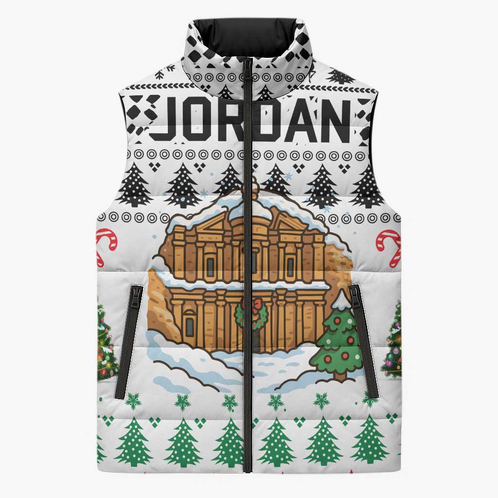 Jordan Christmas Sleeveless Puffer Jacket with Petra Monastery Snow Christmas Trees and Candy Cane Pattern - Wonder Print Shop