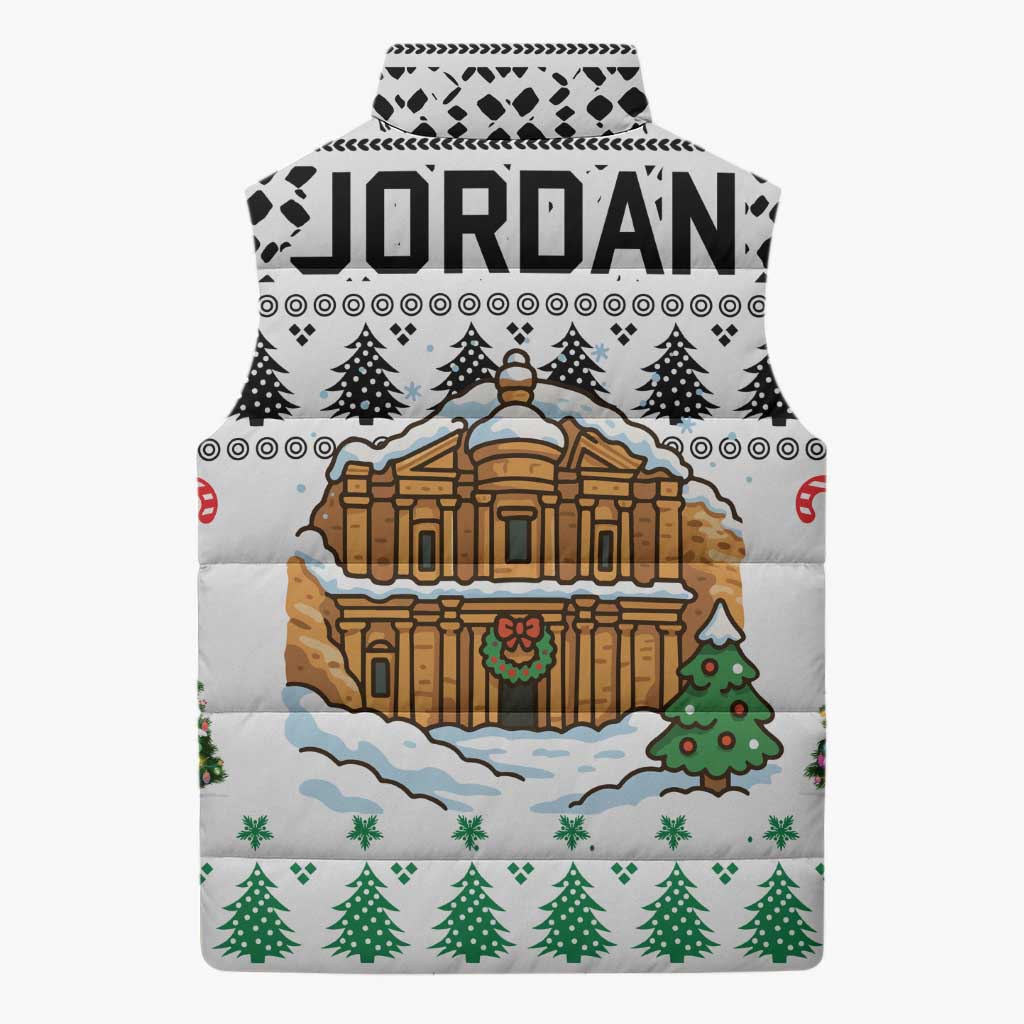 Jordan Christmas Sleeveless Puffer Jacket with Petra Monastery Snow Christmas Trees and Candy Cane Pattern - Wonder Print Shop