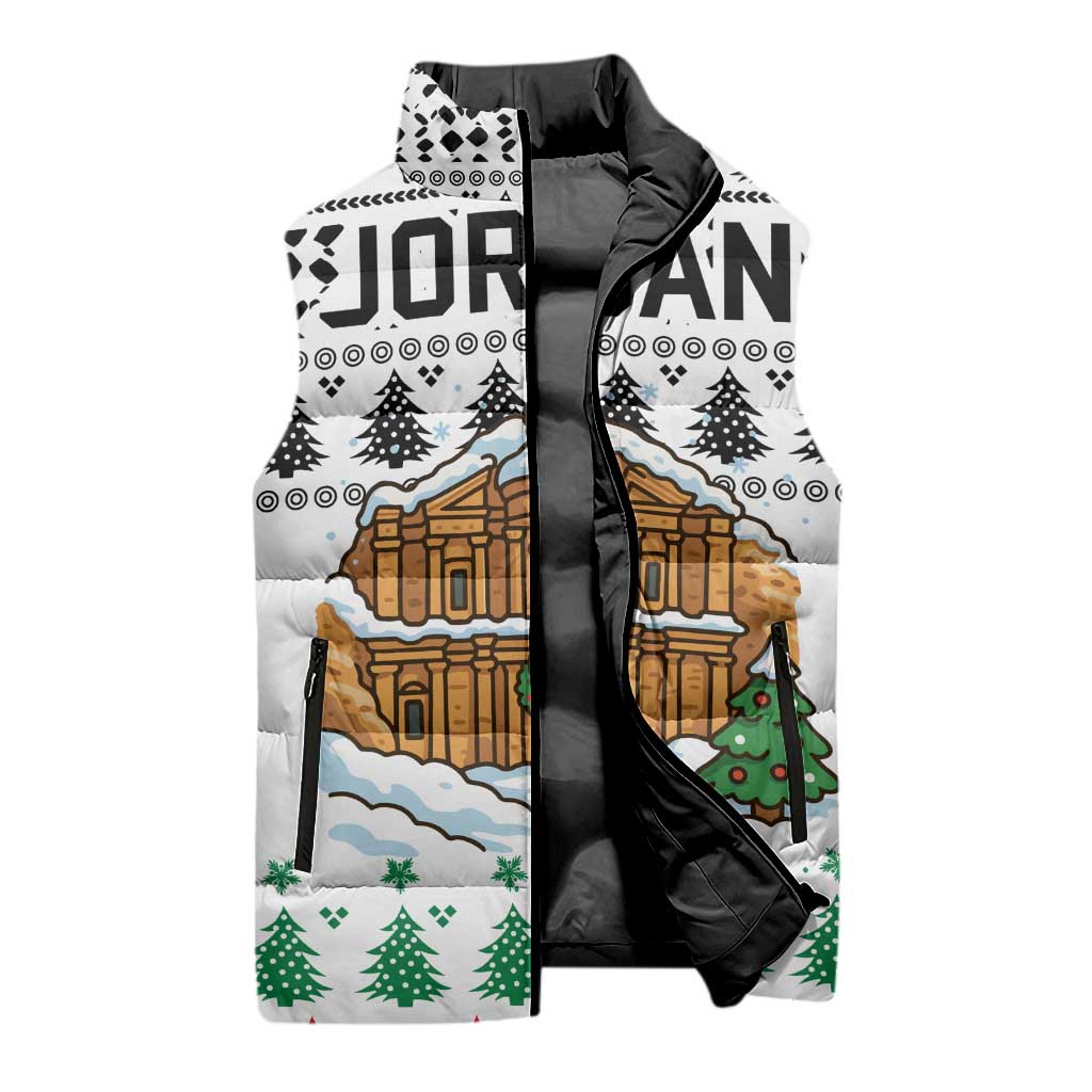 Jordan Christmas Sleeveless Puffer Jacket with Petra Monastery Snow Christmas Trees and Candy Cane Pattern - Wonder Print Shop