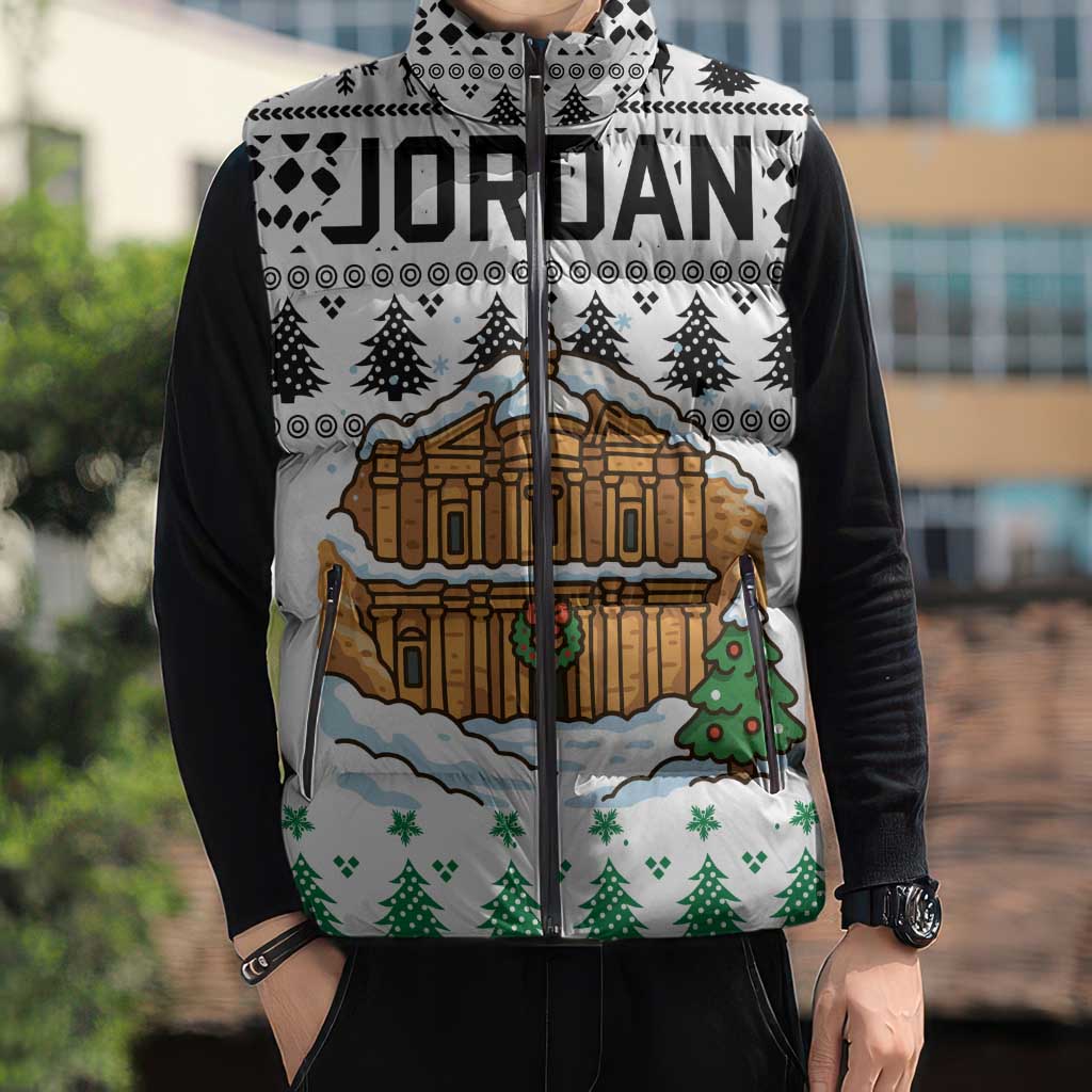 Jordan Christmas Sleeveless Puffer Jacket with Petra Monastery Snow Christmas Trees and Candy Cane Pattern - Wonder Print Shop