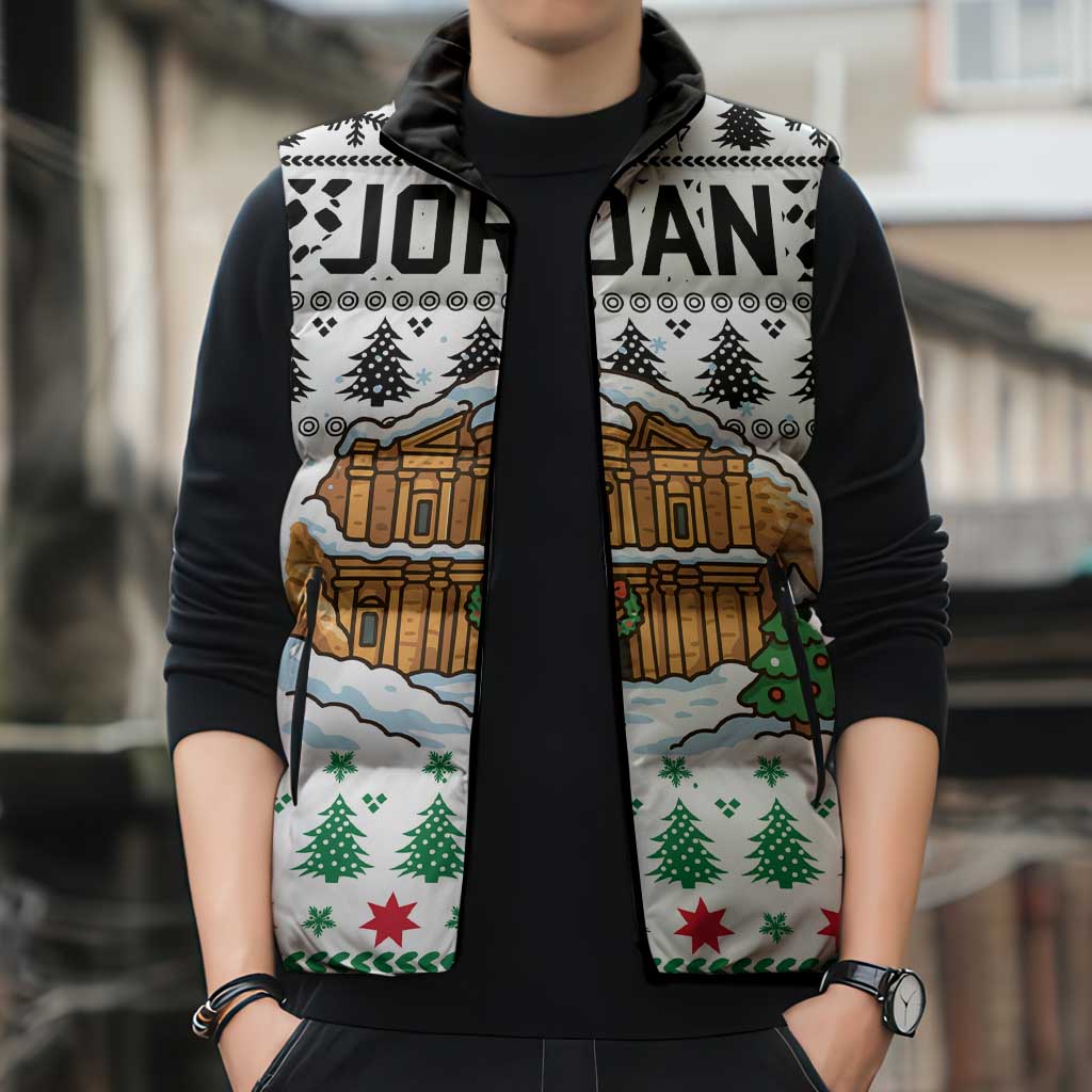 Jordan Christmas Sleeveless Puffer Jacket with Petra Monastery Snow Christmas Trees and Candy Cane Pattern - Wonder Print Shop