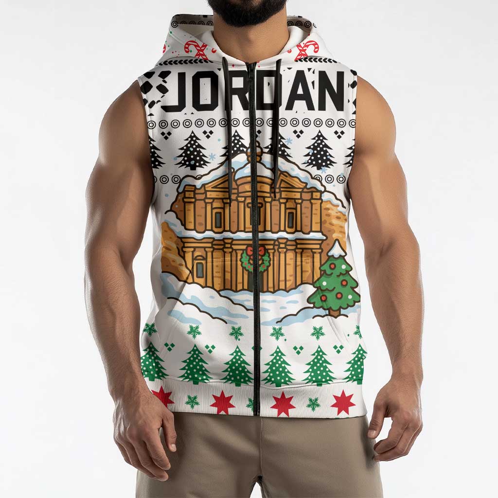 Jordan Christmas Sleeveless Zip Hoodie with Petra Monastery Snow Christmas Trees and Candy Cane Pattern - Wonder Print Shop