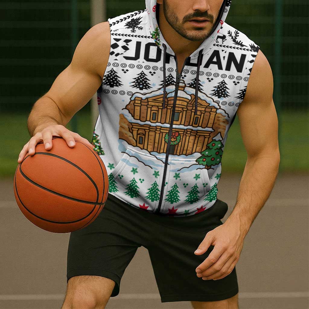 Jordan Christmas Sleeveless Zip Hoodie with Petra Monastery Snow Christmas Trees and Candy Cane Pattern - Wonder Print Shop