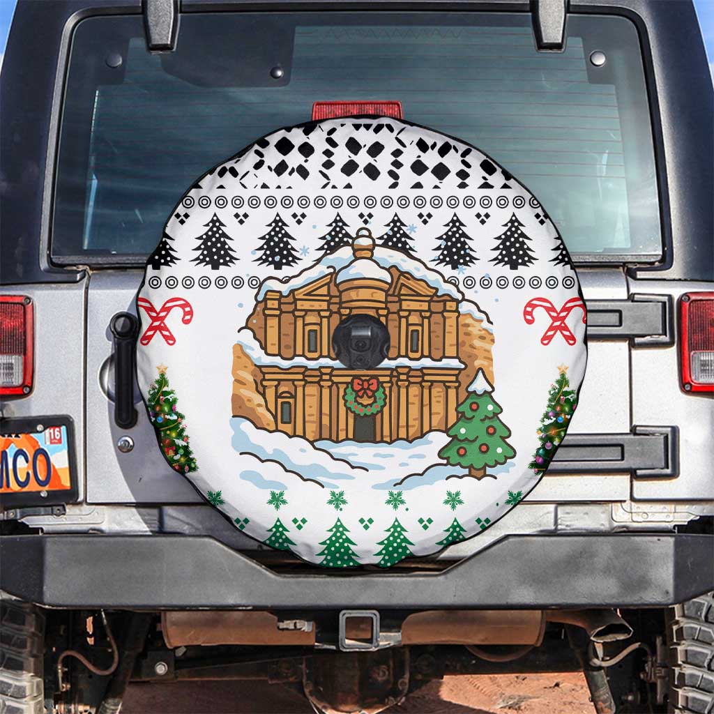 Jordan Christmas Spare Tire Cover with Petra Monastery Snow Christmas Trees and Candy Cane Pattern - Wonder Print Shop